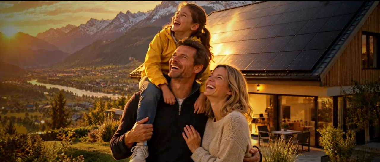 Familie lacht vor ihrem Haus mit Photovoltaik-Anlage in den Vorarlberger Bergen