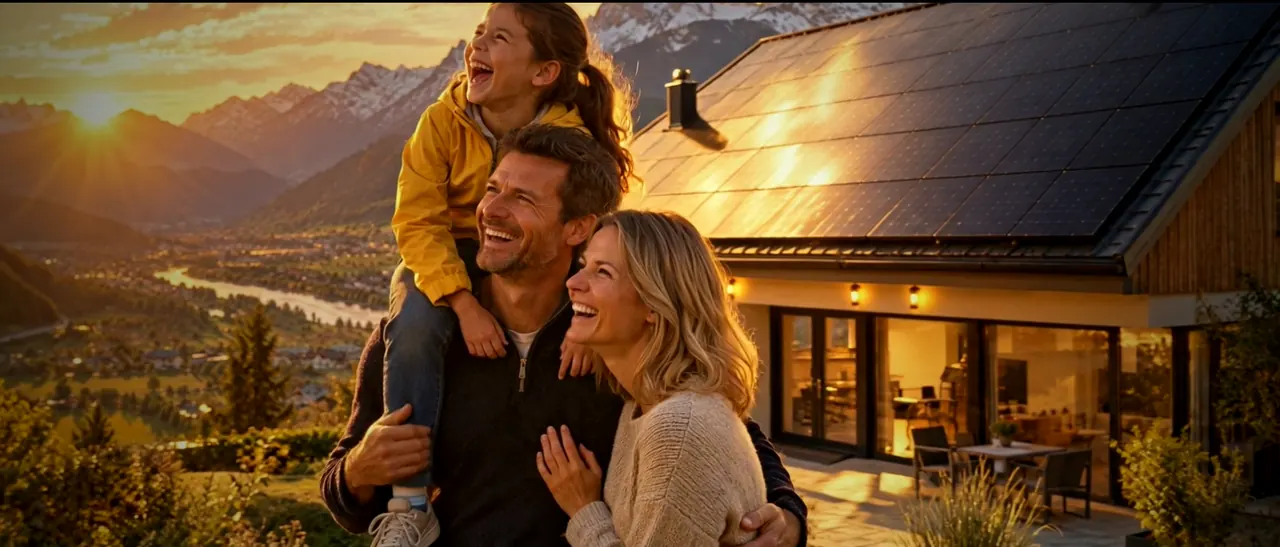 Glückliche Familie vor ihrem Haus mit PV-Anlage bei Sonnenuntergang