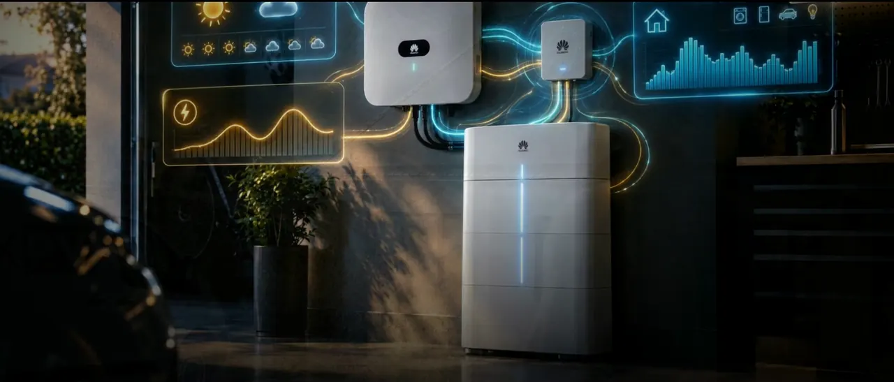 Huawei Wechselrichter, SmartAssistant und LUNA2000 Speicher an der Hauswand